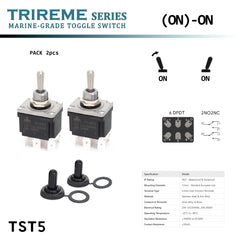 Interrupteur a tige en inox 316 DPDT (ON)-ON – Étanche IP67 – Bornes Faston 6.3mm – Contact argent – Capuchon nitrile – Quick-Flick – TRIREME - Serie Baywatt