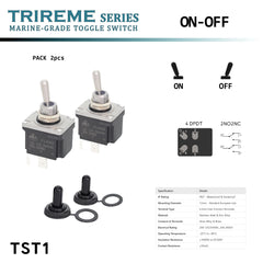Interrupteur toggle marin DPDT ON-OFF – Étanche IP67 – Tige inox 316 – Corps zinc – Quick-Flick – Bornes 6.3mm – Capuchon nitrile – TRIREME Series by Baywatt