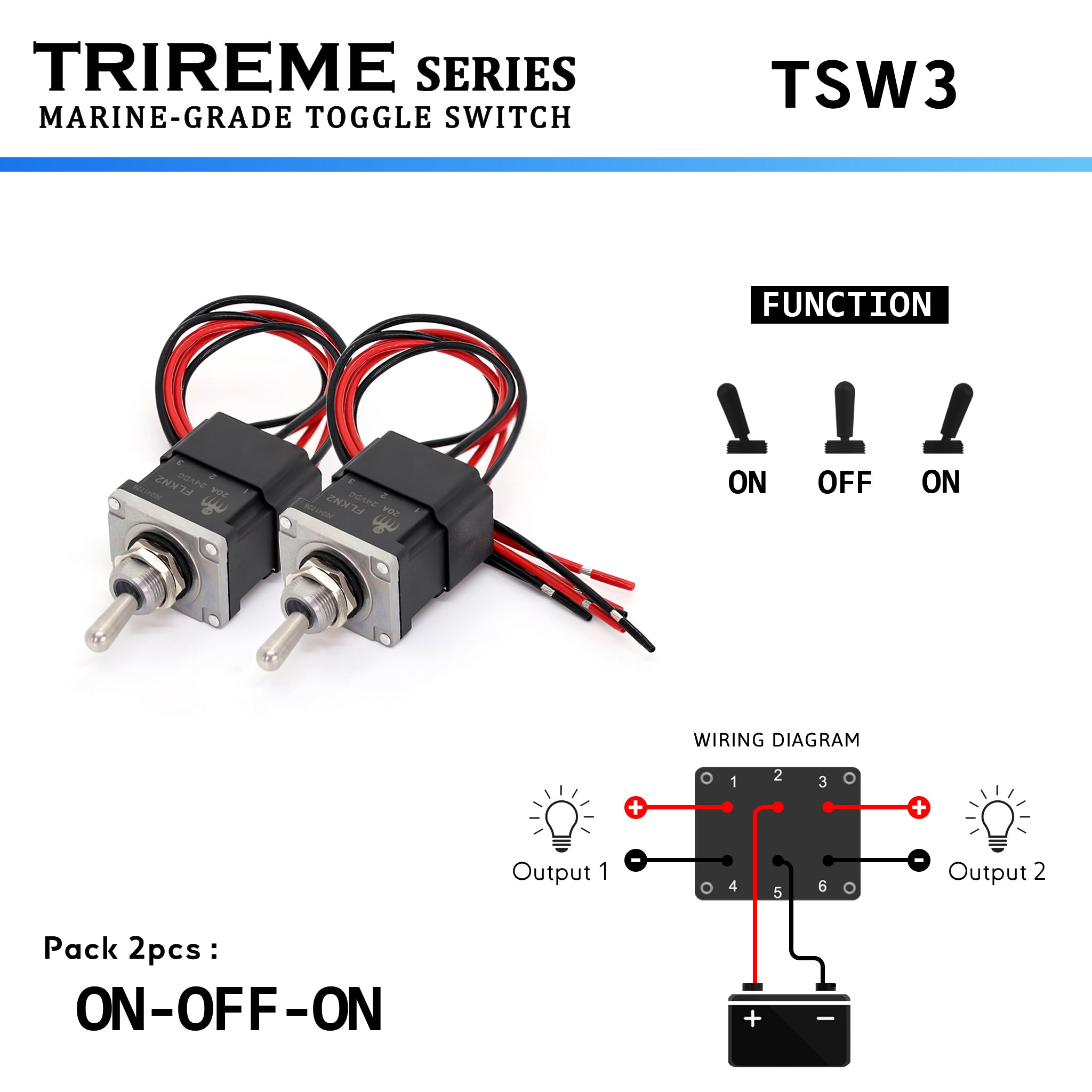 Interrupteur ON OFF ON DPDT bateau inox 316 bipolaire scellé epoxy 16AWG 24V – Trireme by baywatt