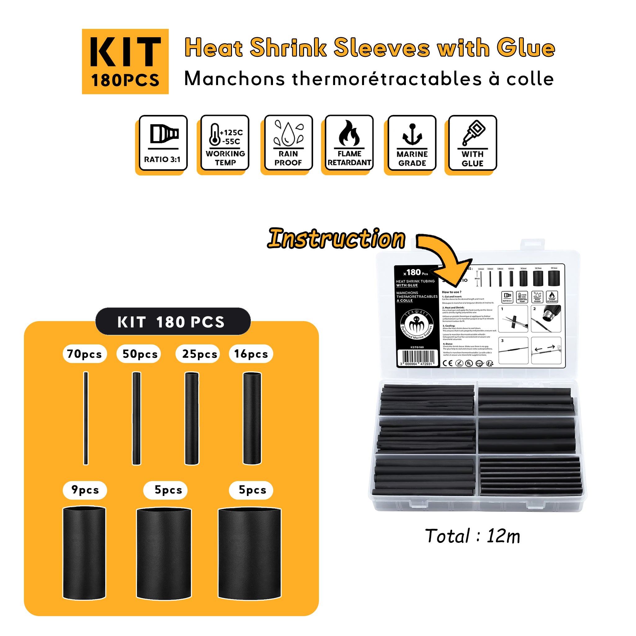 Kit manchons thermorétractables a colle Baywatt 180 pièces 7 tailles différentes gaine épaisse ignifugée qualité marine usage bateau