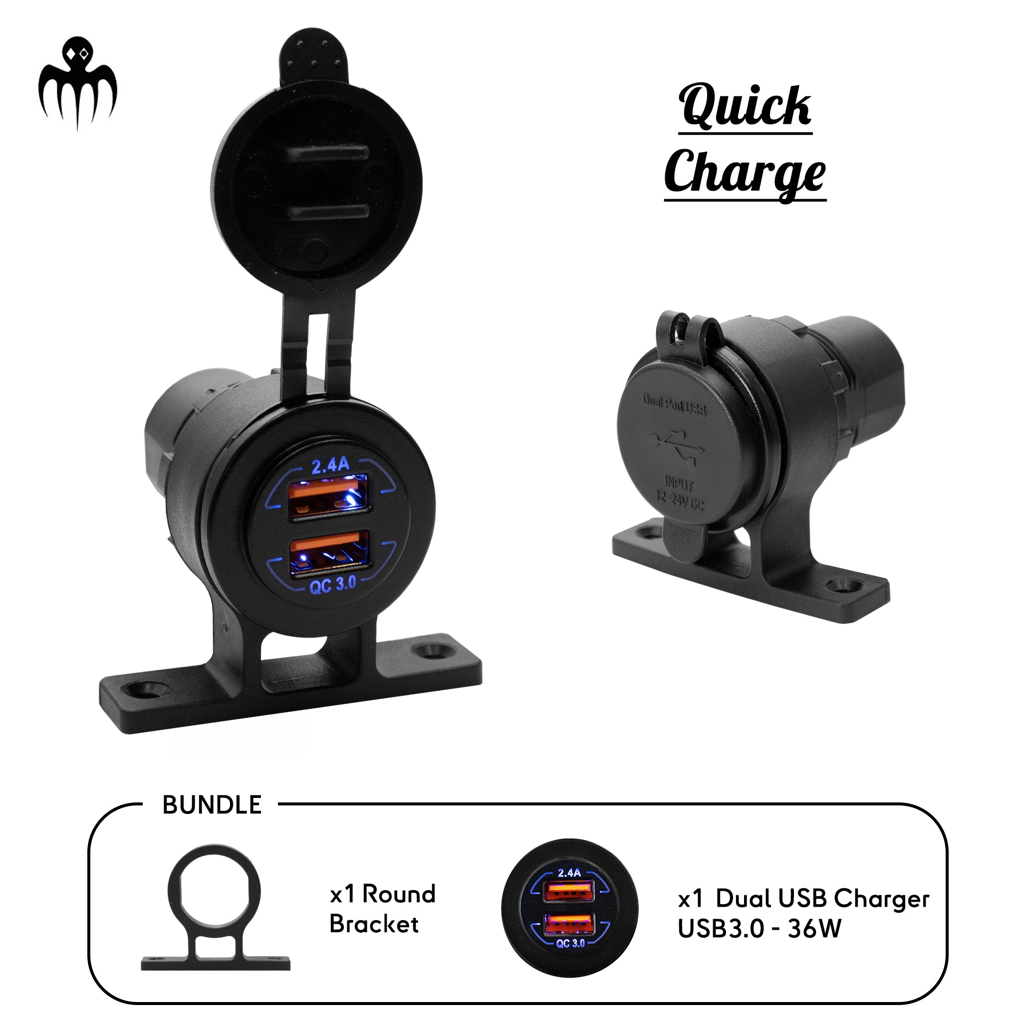 Marine dual USB 3.0 quick charge socket with 36W output and waterproof round bracket, ideal for boat panels and dashboards.