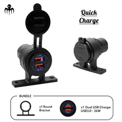 Marine dual USB 3.0 quick charge socket with 36W output and waterproof round bracket, ideal for boat panels and dashboards.