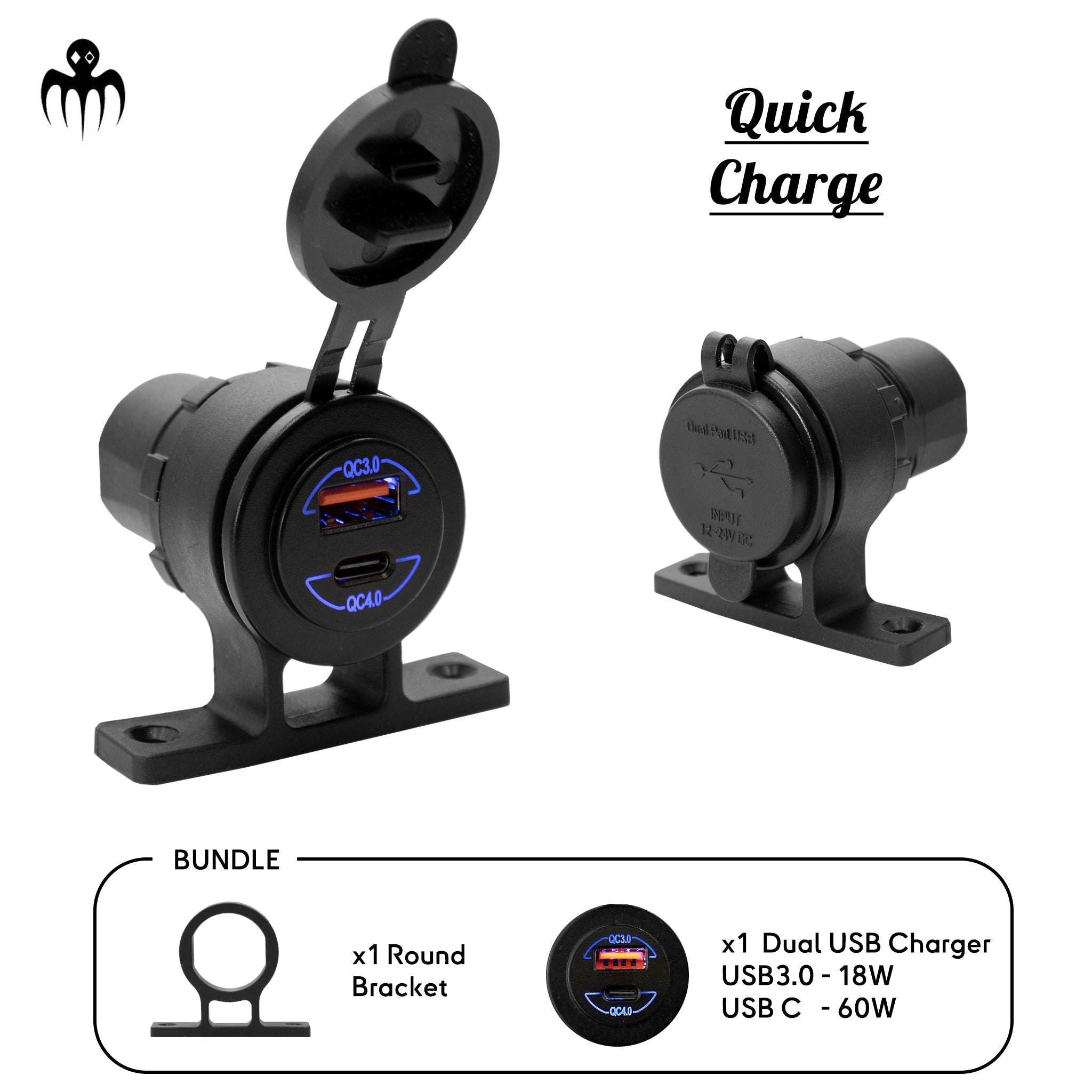 Chargeur USB marin double ports USB 3.0 et USB-C avec chargeur rapide 18W + 60W et support rond étanche pour bateau.