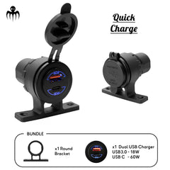 Chargeur USB marin double ports USB 3.0 et USB-C avec chargeur rapide 18W + 60W et support rond étanche pour bateau.