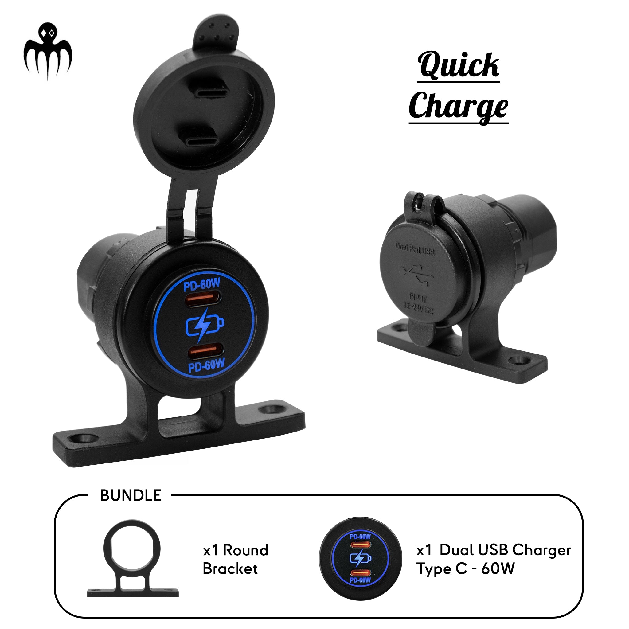 Dual USB-C marine quick charge socket, 2x60W output, waterproof round bracket for boat electrical installations and dashboards.