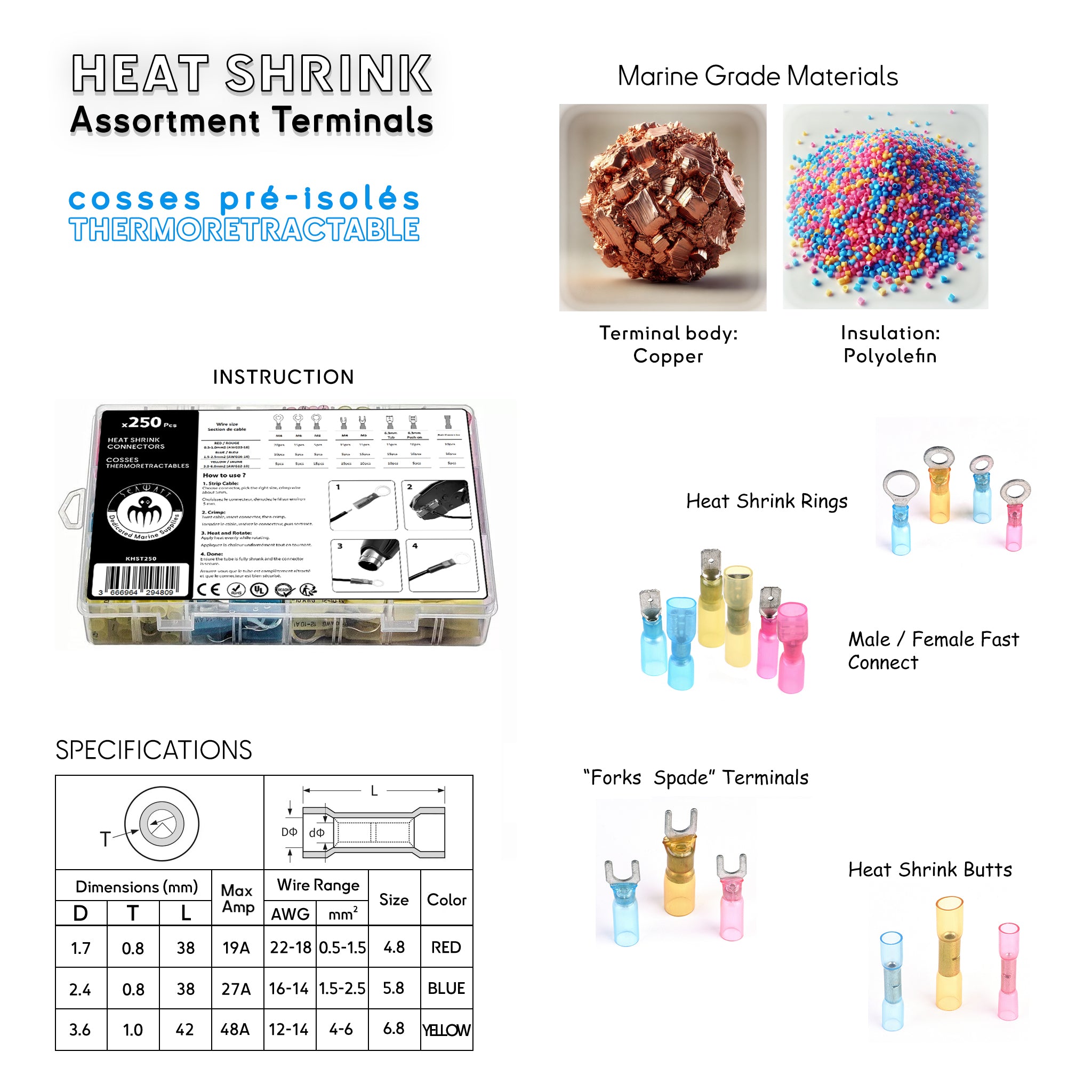 High-Quality Marine Heat Shrink Terminals Assortment 250pcs – Waterproof Copper Connectors for Boat Repair and Electrical Wiring shrink ratio 3:1 Baywatt.com
