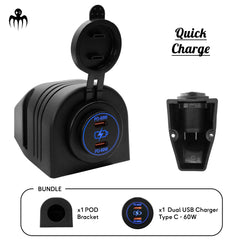 Boat dual USB-C quick charge charger 2x60W with waterproof surface mount POD bracket for boat dashboards and electrical installations