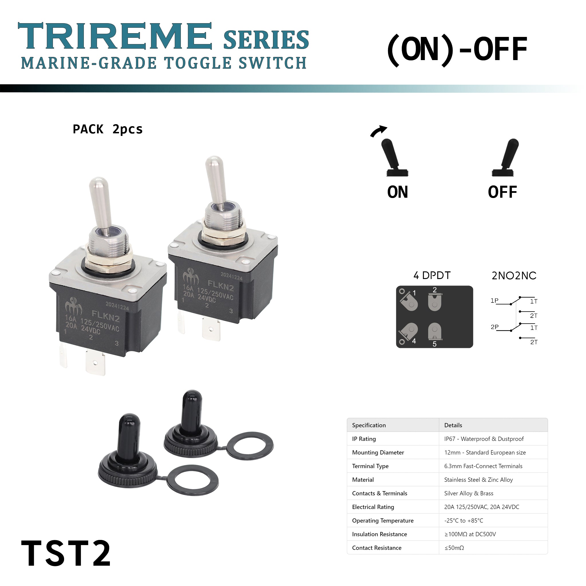 Marine toggle switch DPDT (on)-off momentary Waterproof IP67 Stainless steel 316  Quick-Flick 6.3mm terminals – Nitrile cap TRIREME Series by Baywatt