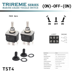 Heavy-duty marine toggle switch DPDT (ON)-OFF-(ON) momentary – IP67 waterproof – 316 stainless steel lever – Silver-plated contacts – Quick-Flick – 6.3mm terminals – TRIREME Series By Baywatt