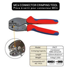 MC4 solar connector crimping tool with specifications, highlighting crimping capacity, length, weight, and compatible kits for solar installations. PVCT Baywatt