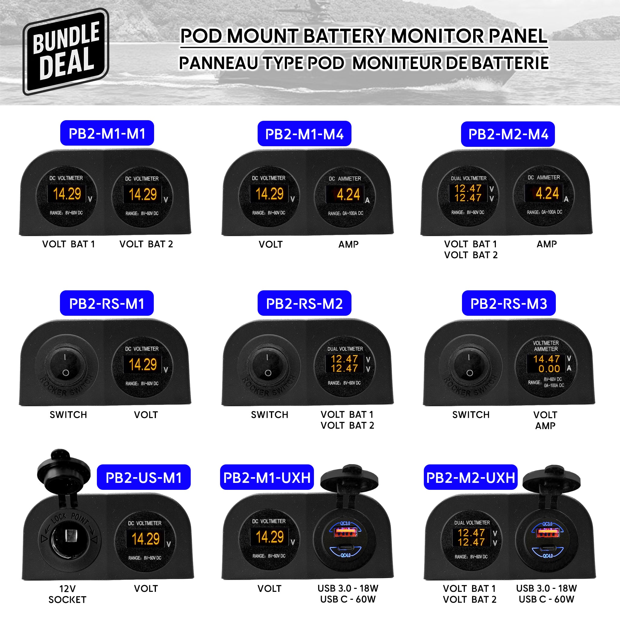 Panneaux POD 2 voies pour bateau – Moniteur de batterie 12V avec voltmètre, ampèremètre et double affichage OLED - Baywatt