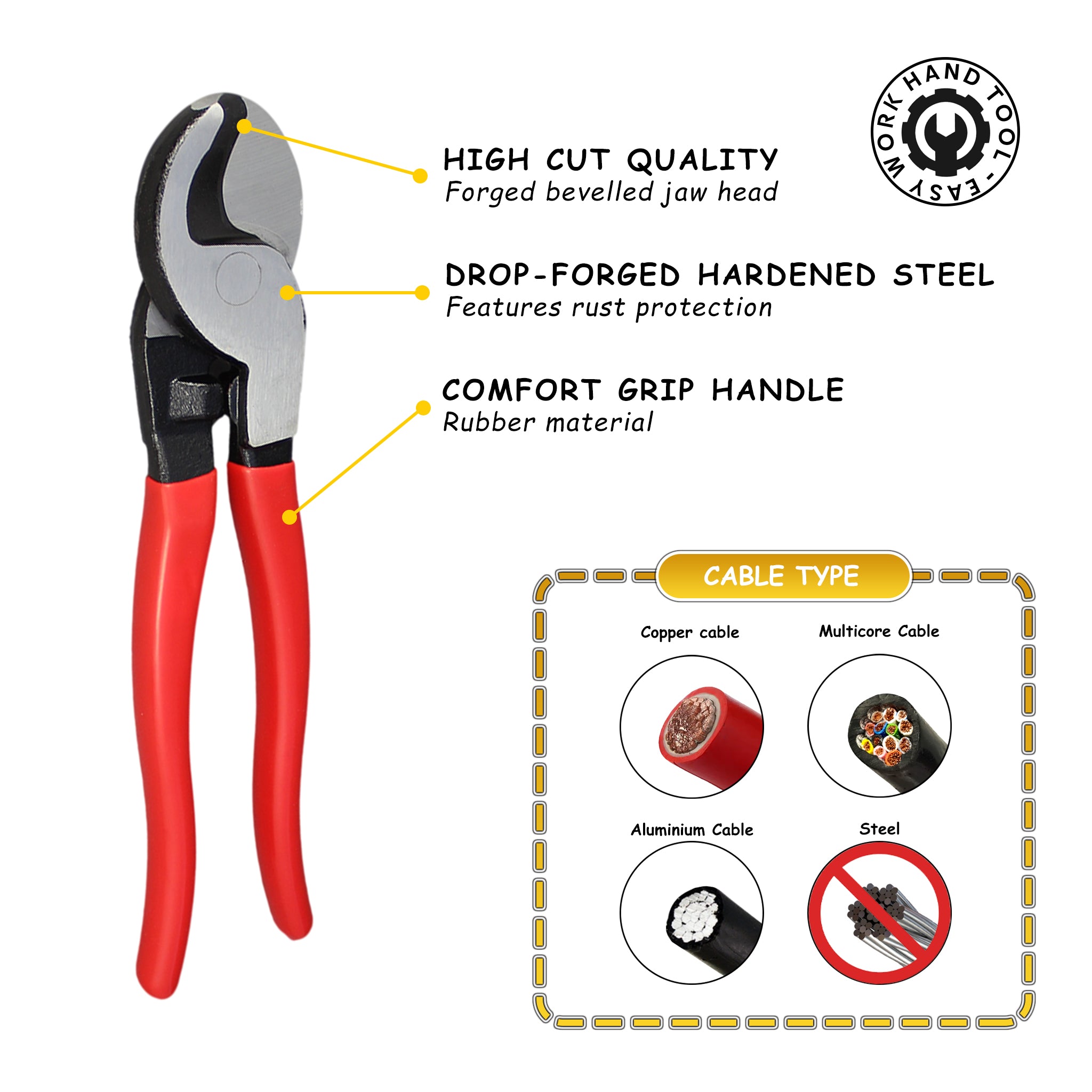 Pince coupe-câble manuelle en acier trempé, poignées confortables, conçue pour les câbles en cuivre, aluminium et multicâbles jusqu’à 70mm². Solution marine Baywatt