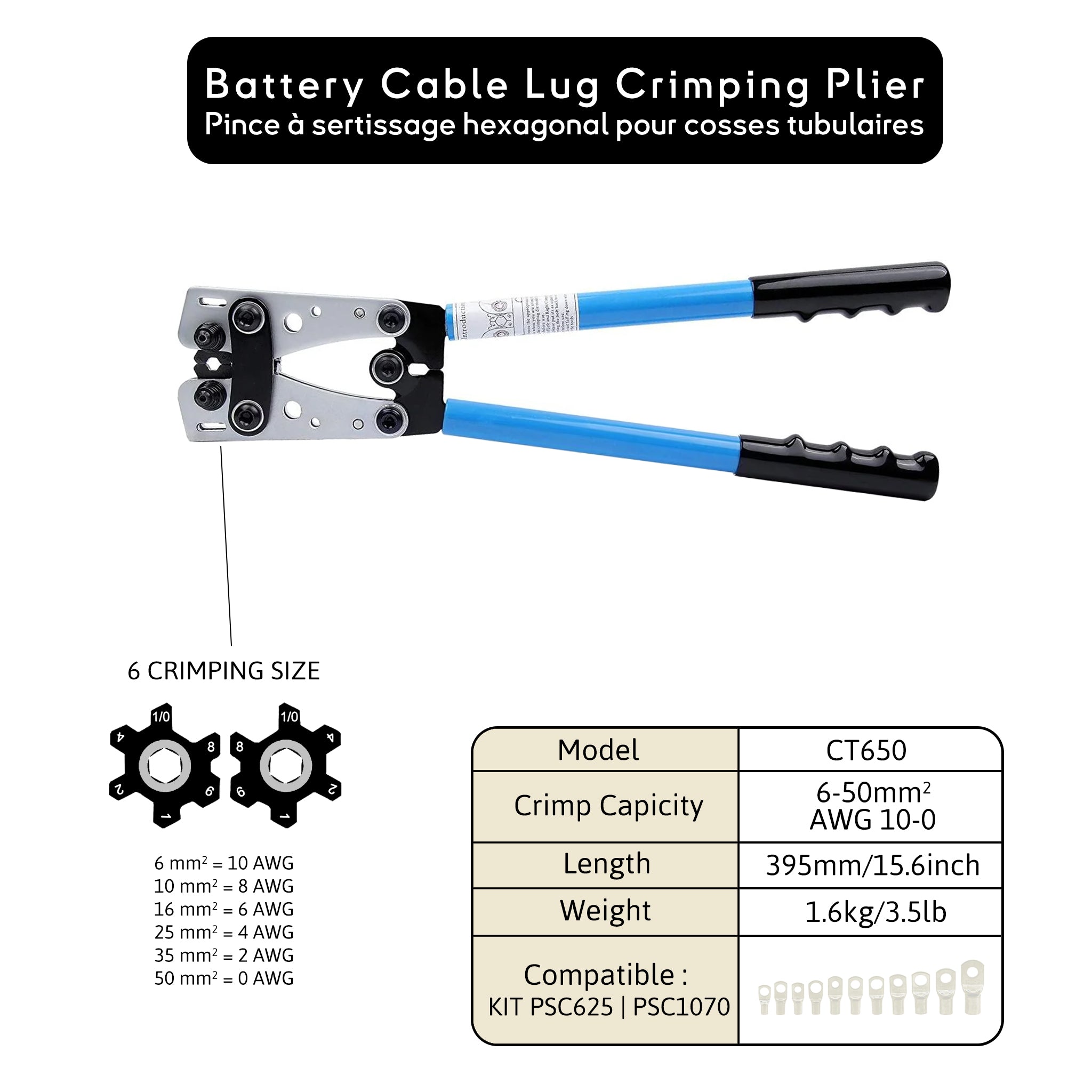 Pince à sertissage pour cosses tubulaires CT650, 6 tailles de sertissage 6-50mm², compatible avec les kits PSC625 et PSC1070, outil professionnel pour systèmes électriques marins. Baywatt CT650 | HX-50B type