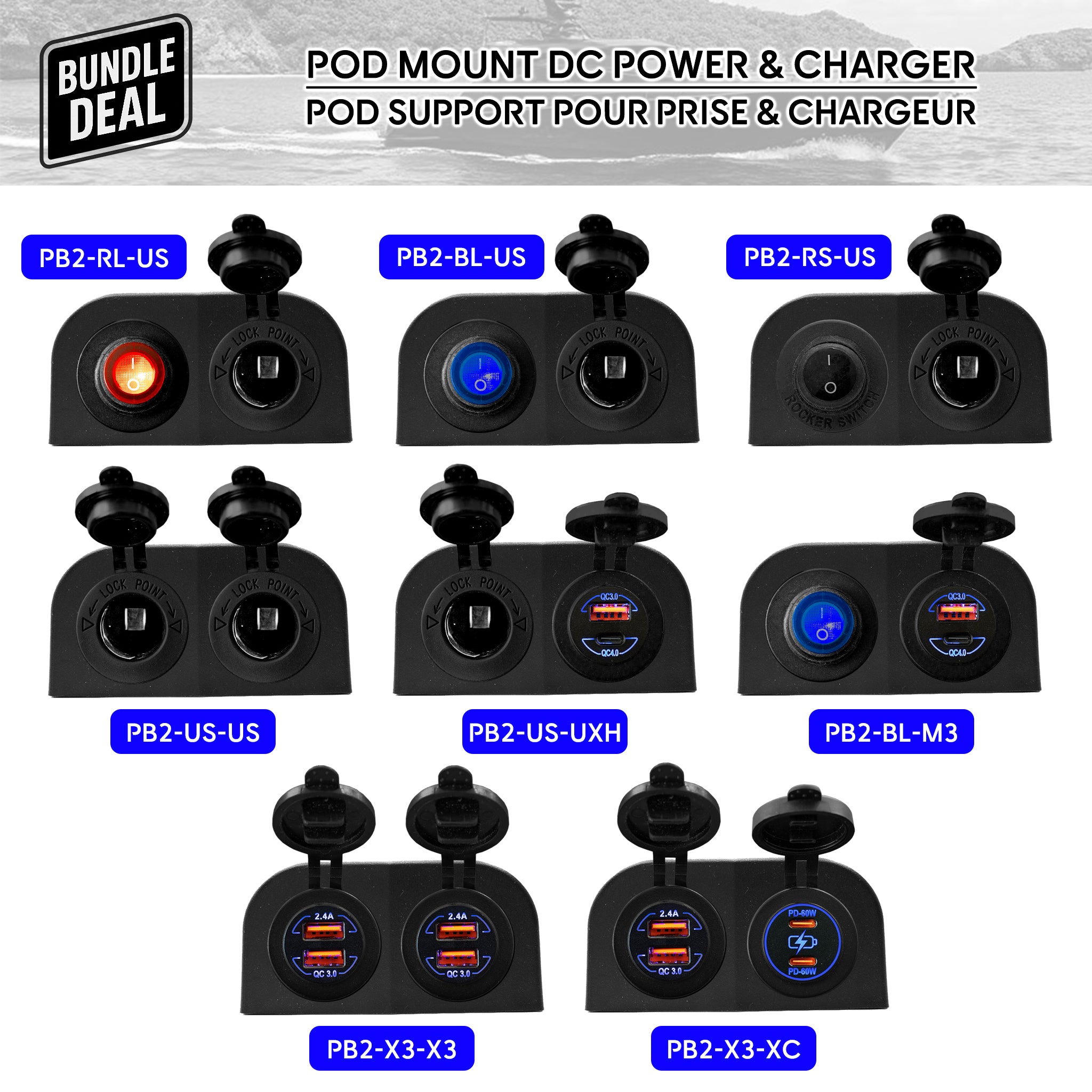 Baywatt 2-slot POD panels for boats – USB-C chargers, 12V power sockets and LED switches for marine panels