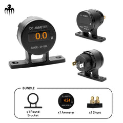 Mini OLED ammeter 0-100A with round bracket and external shunt for racing boats, regatta yachts, or small marine vessels, upside-down mount option
