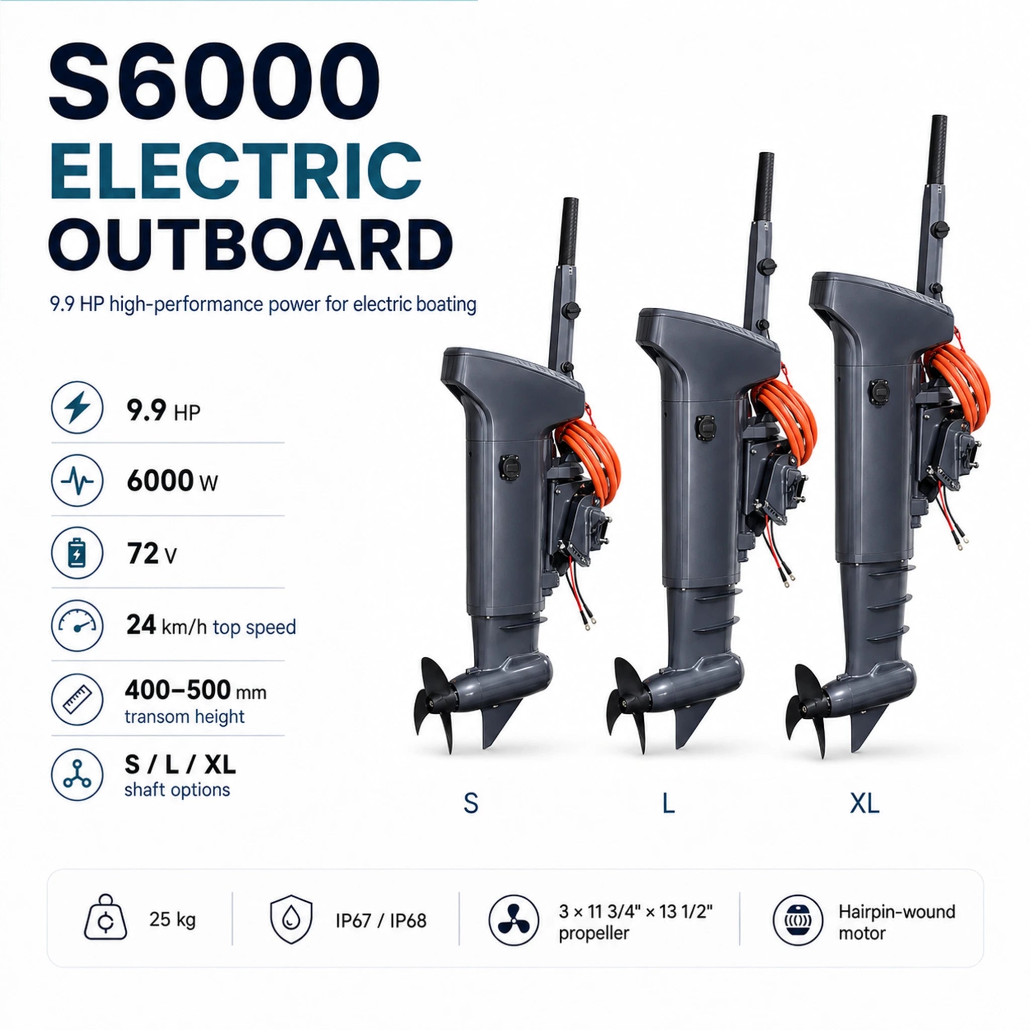 9.9hp Electric Outboard Motor - 6kw - 72V - available in shaft, long shaft and extra long shaft. EV Connector Waterproof IP67 IP68