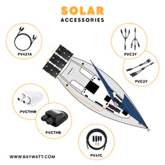 Marine solar accessories by Baywatt, featuring cable extension kits, Y-splitters, and waterproof connectors for efficient solar panel setups on boats