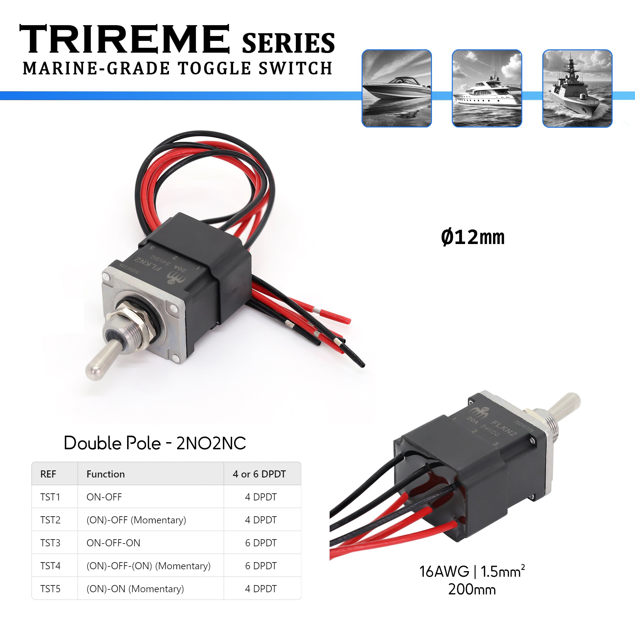 Tableau des fonctions interrupteur bateau DPDT ON OFF ON inox 316 scellé epoxy 24V – Trireme by baywatt