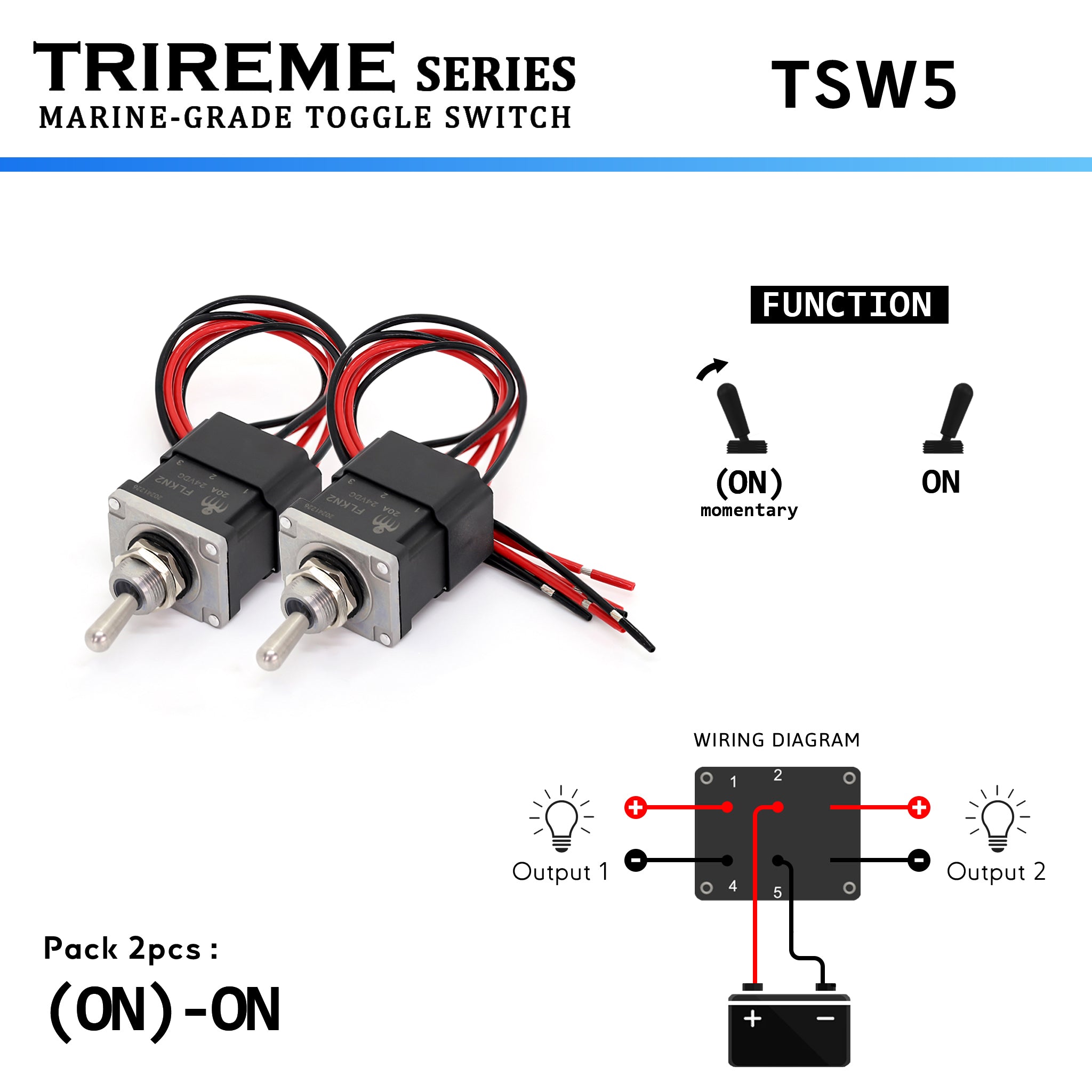 bipolar toggle switch, aluminum boat, epoxy sealed, 316 stainless steel, 16AWG wires, 24V 20A – Trireme by baywatt