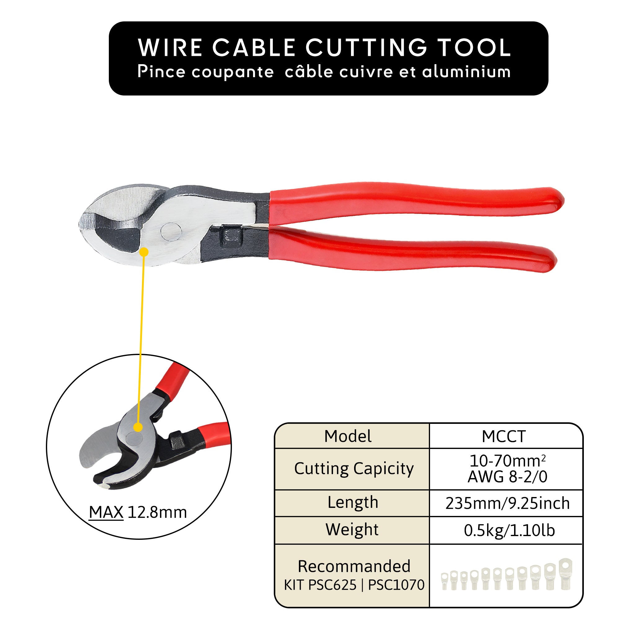 Wire cable cutting tool for copper and aluminum cables, up to 12.8mm blade opening, ergonomic red handles, suitable for 10-70mm² and AWG 8-2/0 wires Baywatt