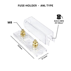 Heavy-duty ANL fuse holder ANLS1, clear polycarbonate cover, M8 studs for 0/2/4 AWG (25–50 mm²) ring terminals gold plated, compact 123 × 37.5 mm marine DC protection