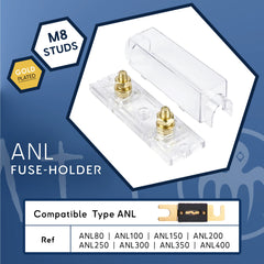 ANL fuse holder with M8 studs and clear cover for 12/24V boat DC main circuit: battery positive cable, battery switch, busbar, inverter and charger (ANL 80A–400A)
