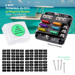 Bloc de fusibles à lame ATO/ATC avec barre omnibus négative, couvercle relevable en polycarbonate et bornes inox pour la distribution 12V/24V sur panneau de contrôle marin
