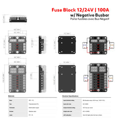 Plan de dimensions du porte-fusibles marin 6 et 12 voies 12/24V 100A avec busbar négatif, schémas de raccordement batterie et tableau des caractéristiques électriques