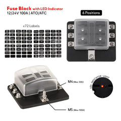 Porte-fusibles 12/24V 6 voies avec indicateur LED et couvercle polycarbonate – boîtier à fusibles bateau ATO/ATC