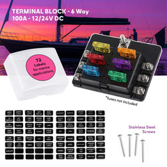 Porte-fusibles 6 emplacements avec LED – boîtier marine en PBT, bornes nickelées et couvercle transparent.