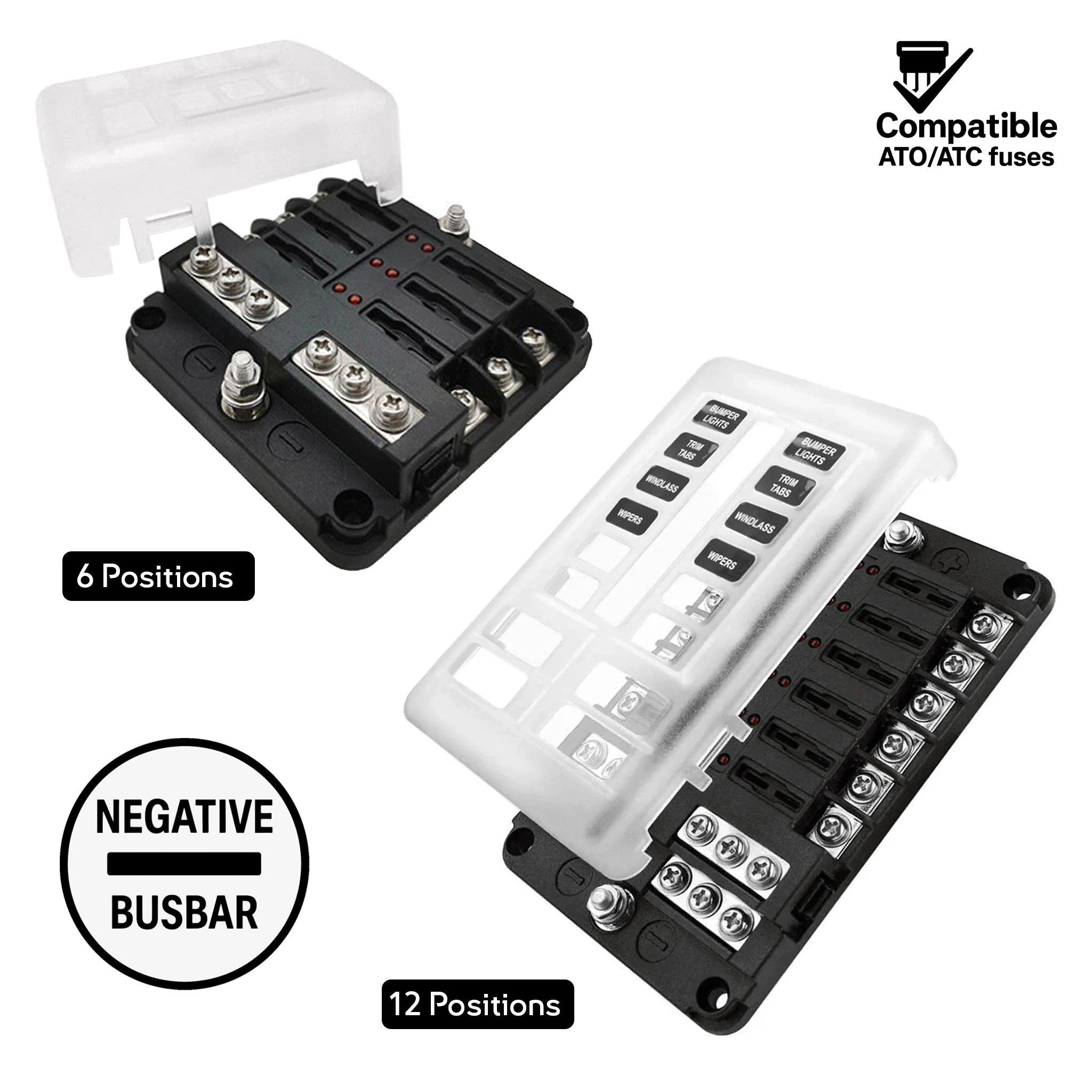 Marine ATO/ATC blade fuse block with negative busbar, 6 and 12 circuit models, clear cover and NEGATIVE BUSBAR label for 12V 24V DC boat electrical panels 100A