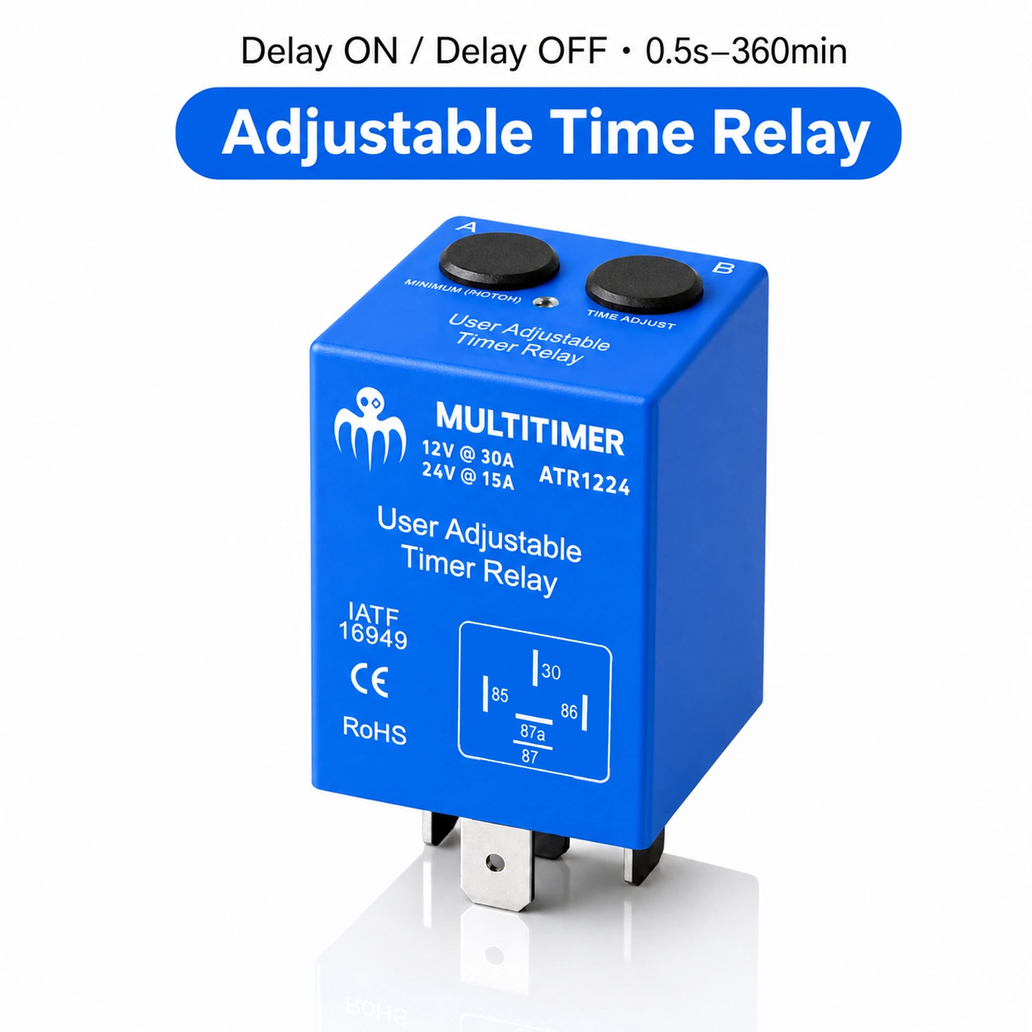 ATR1224 adjustable timer relay with 5-pin SPDT changeover, Delay ON, Delay OFF and 0.5-second to 360-minute setting