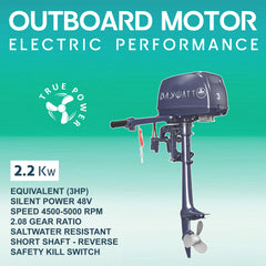  electric outboard motor displayed,  performance features of the BAYWATT 2.2 kW (3HP) including silent 48V power, saltwater resistance, and safety kill switch for worry-free marine navigation