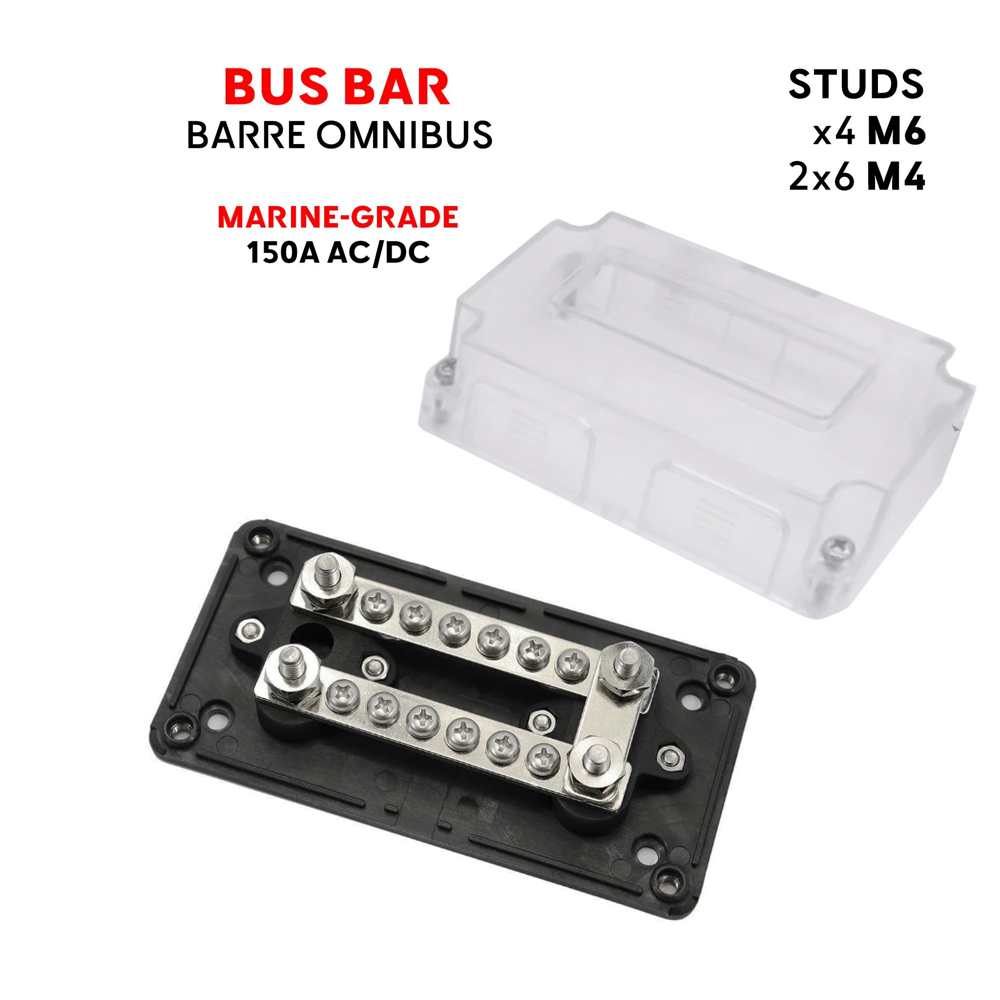 Marine junction box 150A, M6 & M4 studs - Busbar for boat with transparent PC cover
