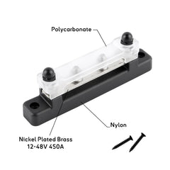 Baywatt High-Amp Marine Bus Bar - 4 M8 Studs (Black) - Organizes & Distributes Boat Power Barrette de distribution marine haute intensité Baywatt - 4 goujons M8 (noir) - Organise et distribue l'alimentation du bateau