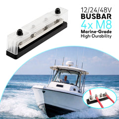 Barrette de distribution marine en laiton nickelé pour bateau, 4 goujons M8, 450A, base isolante noire