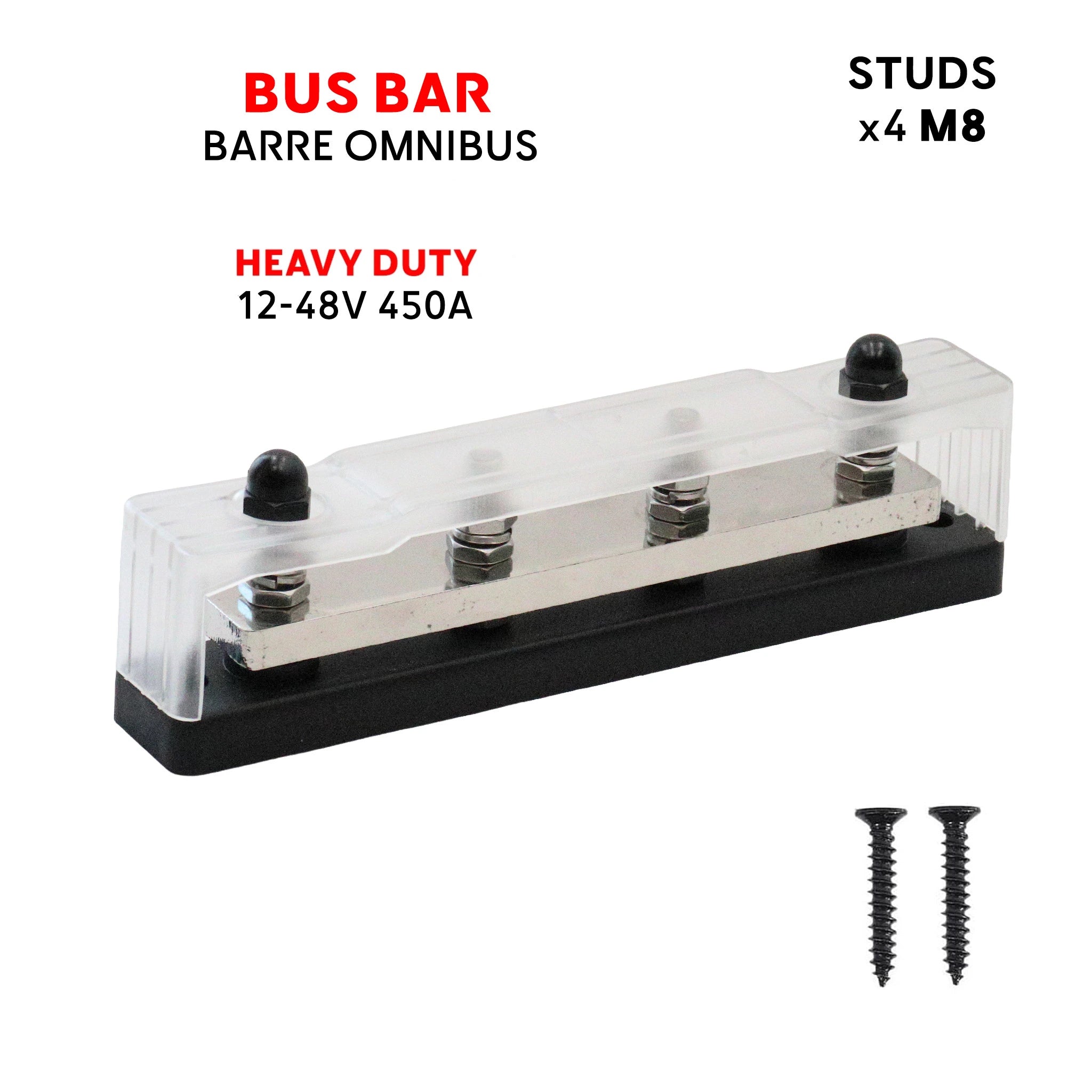 heavy-duty marine bus bar 450A for 12V 24V 48V systems with 4 M8 studs and transparent cover baywatt