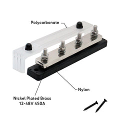 Busbar forte puissance 450A pour systèmes 12V 24V 48V avec 4 goujons M8 et capot transparent, barre omnibus marine