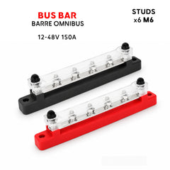 Baywatt BBK4 red and black marine bus bars, 150A 12–48V, each with six M6 studs and a clear protective cover