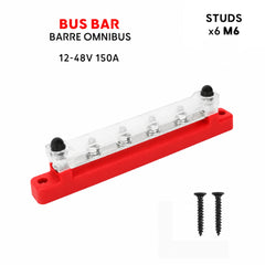 Bornier de distribution électrique rouge Baywatt BBK4 pour bateau, 150 A, 12–48 V, six goujons M6 et capot transparent