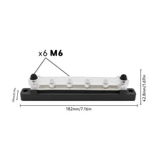 Baywatt BBK4 six-stud marine bus bar dimension diagram showing 182 mm length, 42.8 mm width and 20 mm height