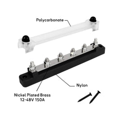 Baywatt BBK4 marine bus bar with cover removed, showing six M6 studs, nickel-plated brass conductor and nylon base