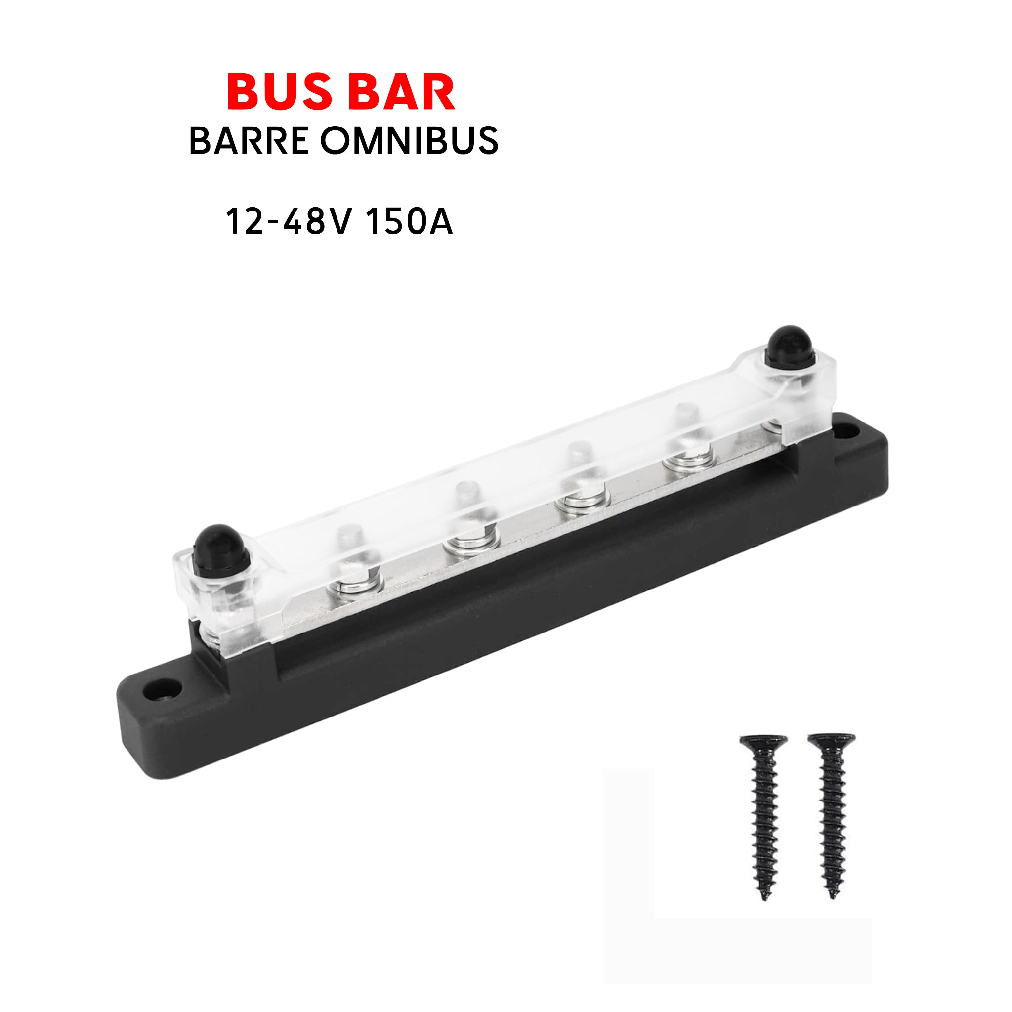 Barre omnibus marine 6 bornes M6 - 12-48V 150A avec base en nylon noir et couvercle transparent pour une protection optimale. more watt with Baywatt