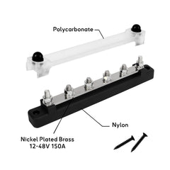6-stud M6 terminals marine bus bar, including nickel-plated brass terminals, nylon base, and transparent protective cover. Get more watt at sea with Baywatt