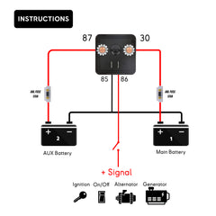 Marine Baywatt Schéma de fonctionnement du relais séparateur de batterie double 12V 200A avec schema de declenchement signal +(Diagram of 12V 200A Dual Battery Isolator Relay Function) with trigger options