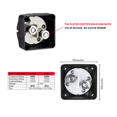 Heavy-Duty Marine Battery Switch 300A 600A - Baywatt Marine Grade Tinned plated circuit breaker back side with the bold M10-M12 - Baywatt.com