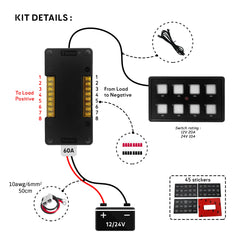 BAYWATT BSC1260 touch panel kit showing the wiring block, 12/24V battery connections, cables and 45 switch labels