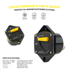 Panel-Mount Thermal Circuit Breaker with Manual Reset and On/Off Switch. Ideal for protecting electrical circuits from overload while providing manual power control. Suitable for various marine applications for boat Baywatt
