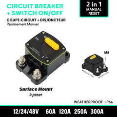 Ultimate Protection for Your Marine Electrical Systems with our 2-in-1 Circuit Breaker + Switch On/Off. This manual reset circuit breaker offers high performance and reliability, designed for demanding marine environments. Featuring 60A, 120A, 250A, and 300A amp ratings, a weatherproof IP66 rating, and a surface mount design for easy installation. Ideal for marine equipment, electrical protection, and industrial control systems. baywatt.com