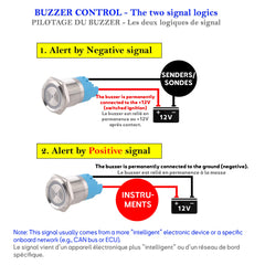 pilotage du buzzer 12V étanche montrant les logiques de signal négatif et positif pour sondes, instruments et alarmes de bord